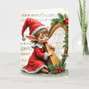 Christmas Elf Playing a Harp Card