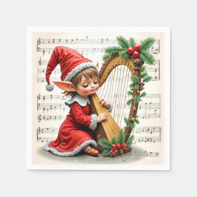 Christmas Elf Playing a Harp Napkins (Front)