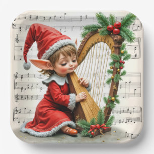 Christmas Elf Playing a Harp Paper Plates