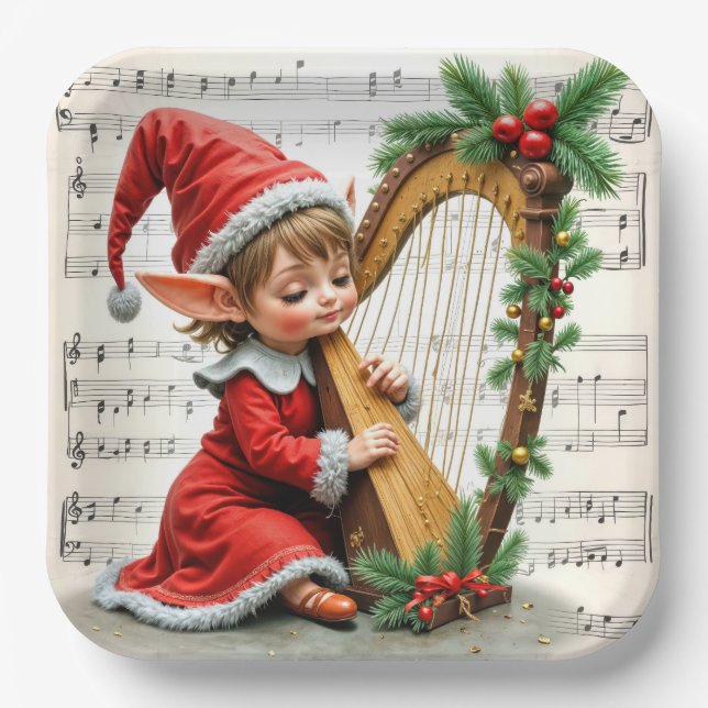 Christmas Elf Playing a Harp Paper Plates (Front)