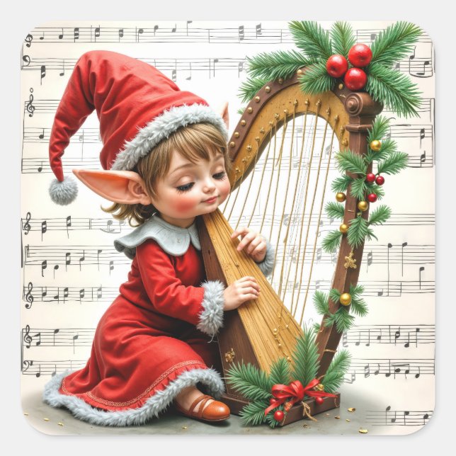 Christmas Elf Playing a Harp Square Sticker (Front)
