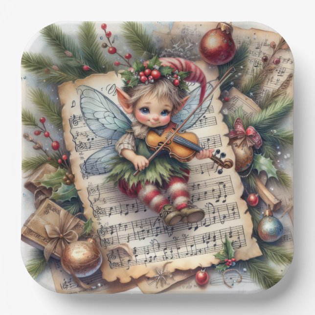 Christmas Elf Playing a Violin Paper Plates (Front)