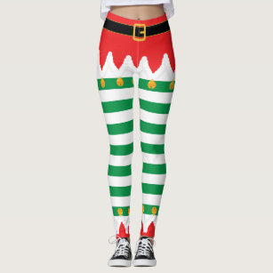 Elf Christmas Leggings for Women, Red Green Striped Ugly Holiday