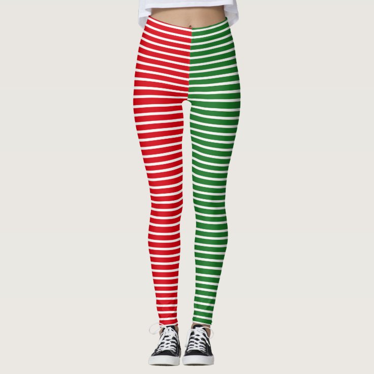 Christmas Elf Red and Green Striped Leggings | Zazzle