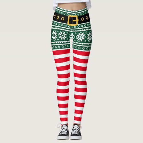 Christmas elf red  green striped snowflake print leggings