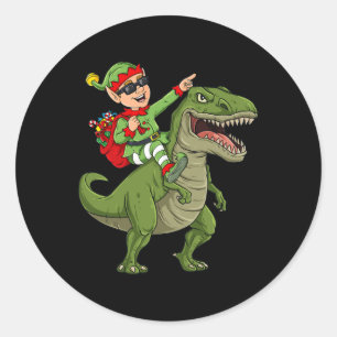 Christmas Elf Riding Dinosaur T Rex Boys Kids Fun Classic Round Sticker
