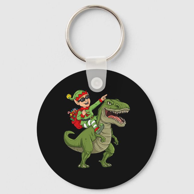 Christmas Elf Riding Dinosaur T Rex Boys Kids Fun  Keychain (Front)