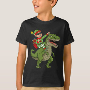 Christmas Elf Riding Dinosaur T Rex Boys Kids Fun T-Shirt