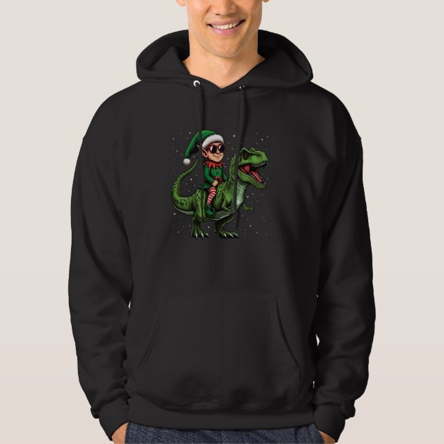 Christmas Elf Riding Dinosaur T Rex Christmas Snow Hoodie (Front)