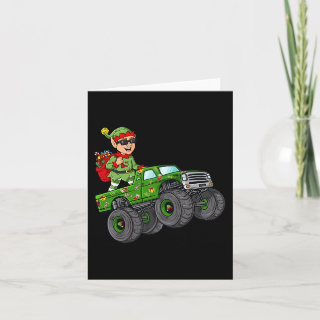 Christmas Elf Riding Monster Truck Boys Kids Famil Card (Front)