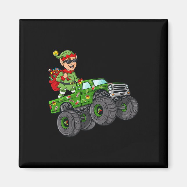 Christmas Elf Riding Monster Truck Boys Kids Famil Magnet (Front)