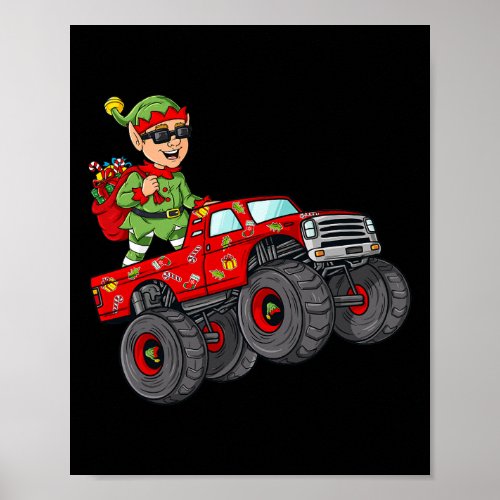 Christmas Elf Riding Monster Truck Boys Kids Famil Poster