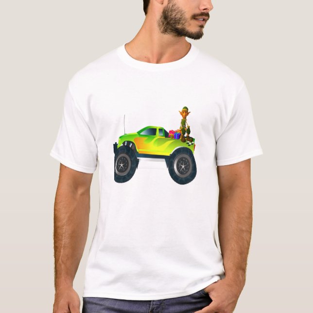 christmas elf riding monster truck T-Shirt (Front)