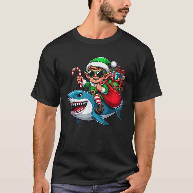 Christmas Elf Riding Shark Santa Hat Candy Cane Xm T-Shirt (Front)