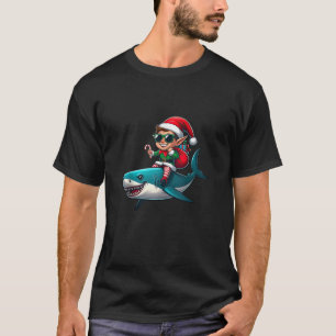 Christmas Elf Riding Shark Sunglasses Santa Hat Ca T-Shirt