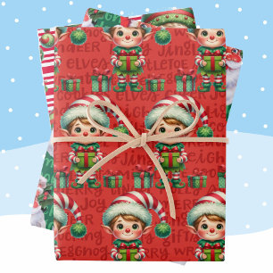 Christmas Elf Santa Claus Elves 3 Wrapping Paper Sheets