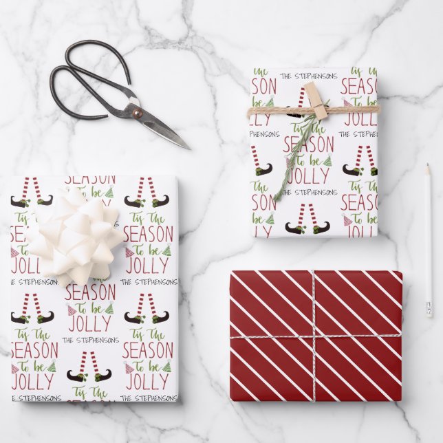 Christmas Elf SEASON TO BE JOLLY Personalized Wrapping Paper Sheets (Front)