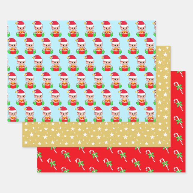 Christmas elf, star pattern & candy canes on red wrapping paper sheets (Set)