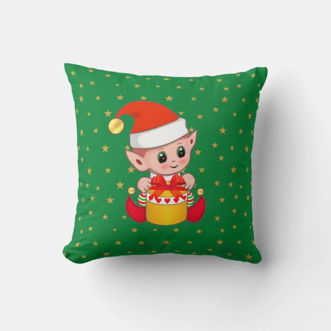 Christmas elf & stars on green throw pillow (Front)