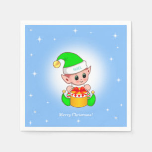 Christmas elf & stars on light blue napkins