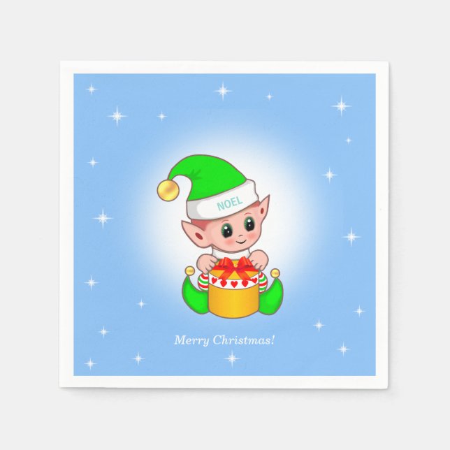 Christmas elf & stars on light blue napkins (Front)