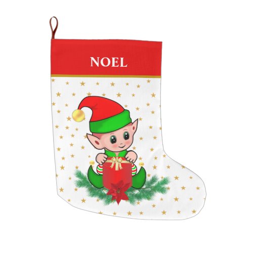 Christmas elf stars poinsettia and pine large christmas stocking