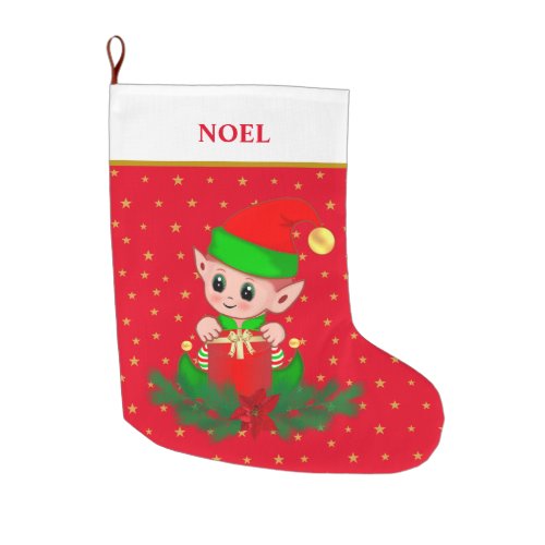 Christmas elf stars poinsettia and pine on red large christmas stocking