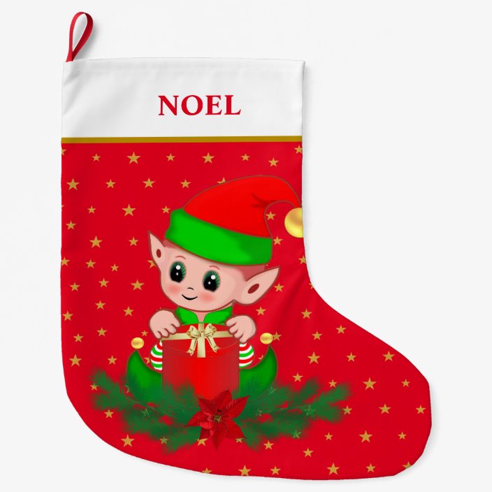 Christmas Elf Stars Poinsettia And Pine On Red Large Christmas Stocking Zazzle Com