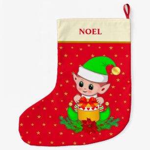 Christmas elf, stars, poinsettia & pine on red large christmas stocking