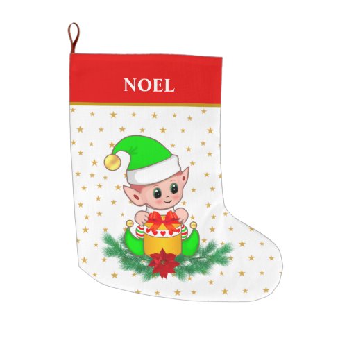 Christmas elf stars poinsettia  pine on white large christmas stocking