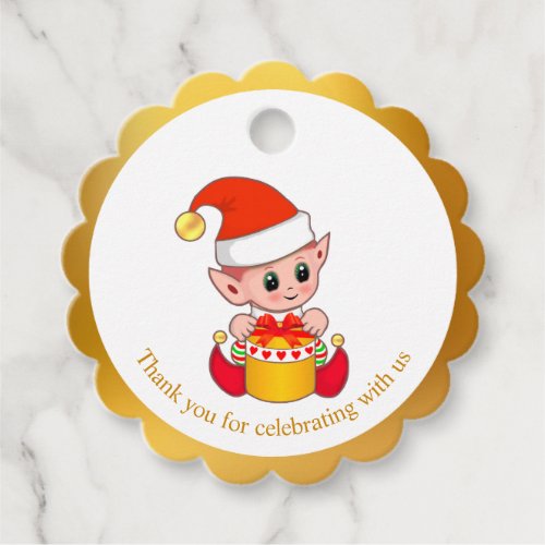 Christmas elf thank you on golden  white favor tags