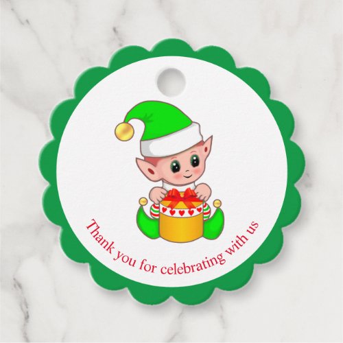 Christmas elf thank you on green and white favor tags