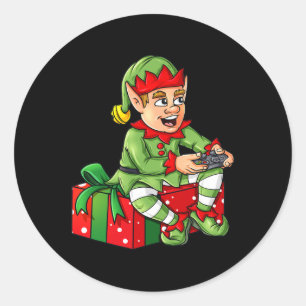 Christmas Elf Video Gamer Controller Boys Kids Xma Classic Round Sticker