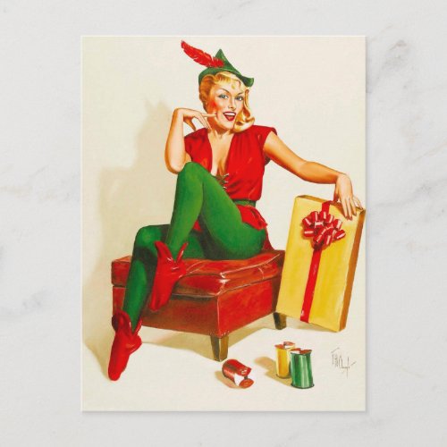 Christmas Elf Vintage Pin up girl  postcard