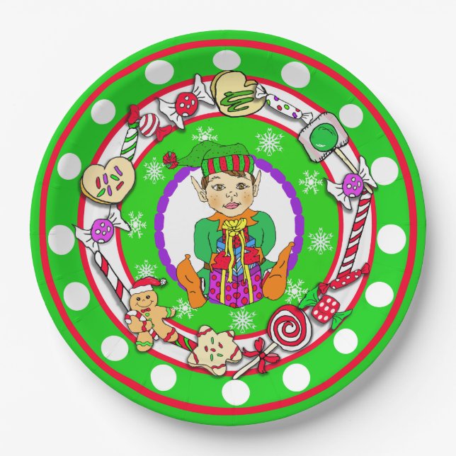 Christmas Elf Whimsical Candy Polka Dot Paper Plates (Front)