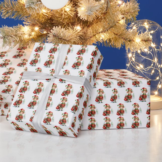 Christmas elf with a sack of gifts wrapping paper (Holidays)