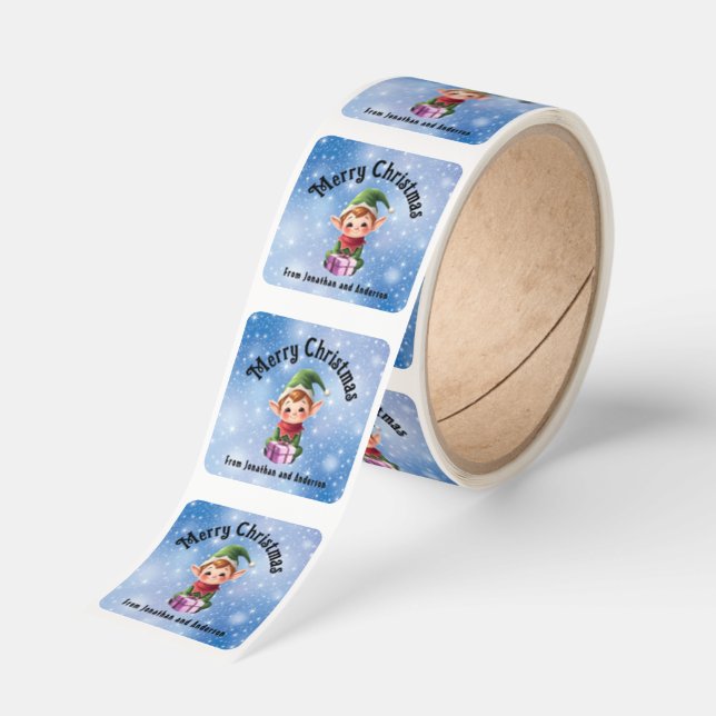 Christmas Elf with Blue Background Square Sticker (Roll)