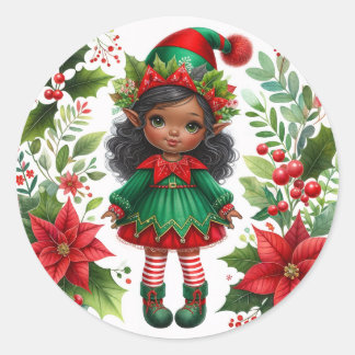 Christmas Elf With Brown Skin Holiday Classic Round Sticker