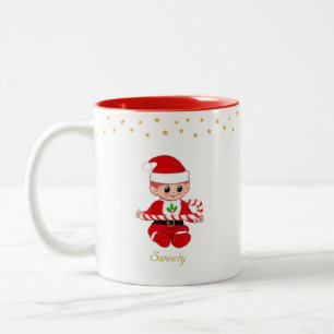 Christmas elf with candy cane, golden stars & text Two-Tone coffee mug