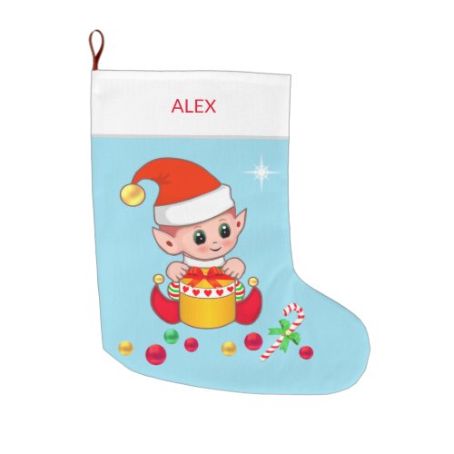 Christmas elf with Christmas balls on light blue Large Christmas Stocking