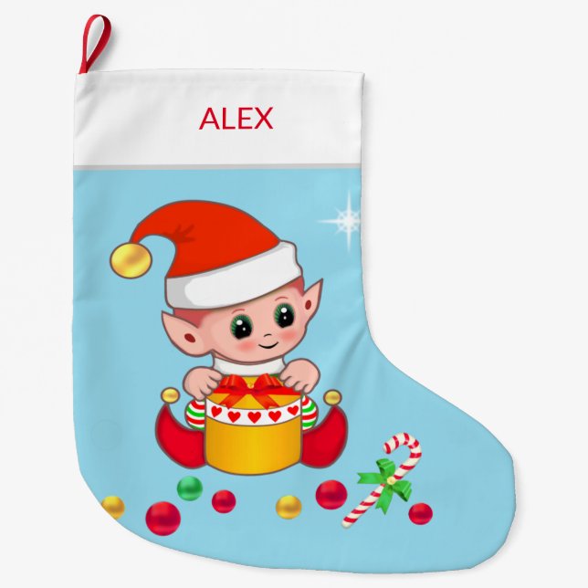 Christmas elf with Christmas balls on light blue Large Christmas Stocking (Front)
