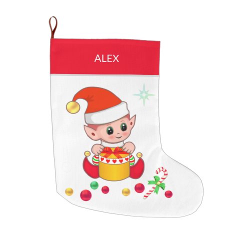 Christmas elf with Christmas balls on white Large Christmas Stocking