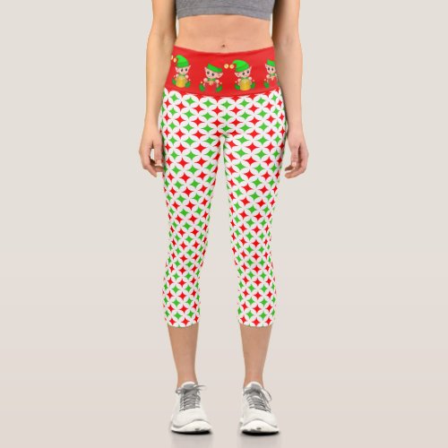 Christmas elf with green red diamond star pattern capri leggings