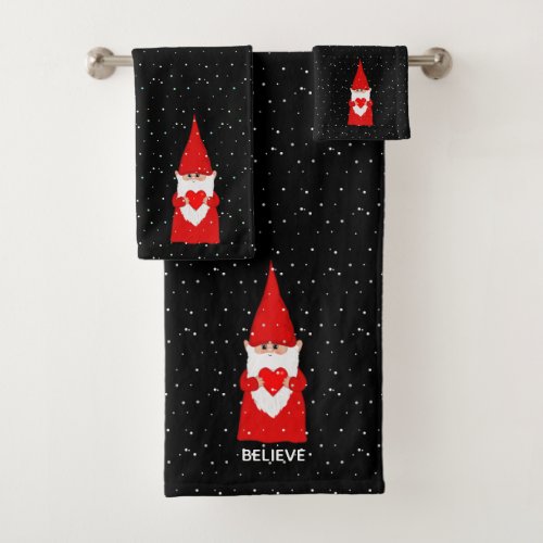 Christmas Elf with Heart on Black Bath Towel Set