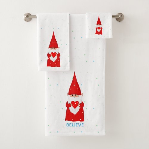 Christmas Elf with Heart on White Bath Towel Set