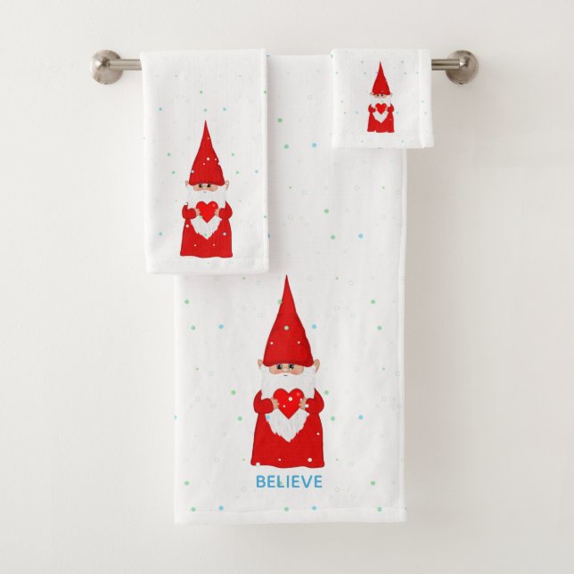 Christmas Elf with Heart on White Bath Towel Set (Insitu)
