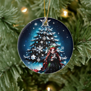 Christmas Elf with Kitten. Ceramic Ornament