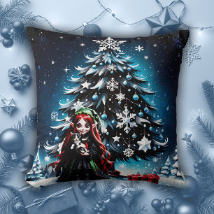 Christmas Elf with Kitten.  Throw Pillow