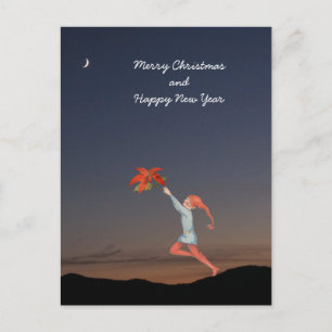Christmas elf with poinsettia on dark blu sky holiday postcard