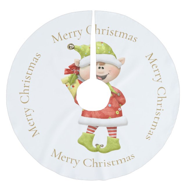 Christmas Elf with Present Brushed Polyester Tree Skirt (Front)